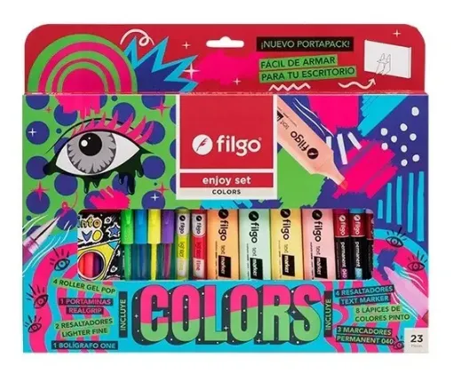 Imagen de Set de 23 piezas de marcadores microfibras lapices y resaltadores en colores surtidos FILGO Enjoy