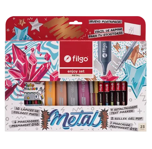 Imagen de Set de 23 piezas de marcadores microfibras lapices y resaltadores en colores metal FILGO Enjoy