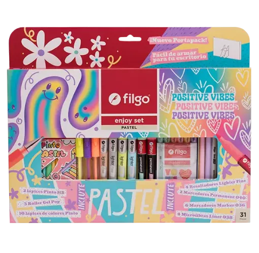 Imagen de Set de 31 piezas de marcadores microfibras lapices y resaltadores en colores pasteles FILGO Enjoy