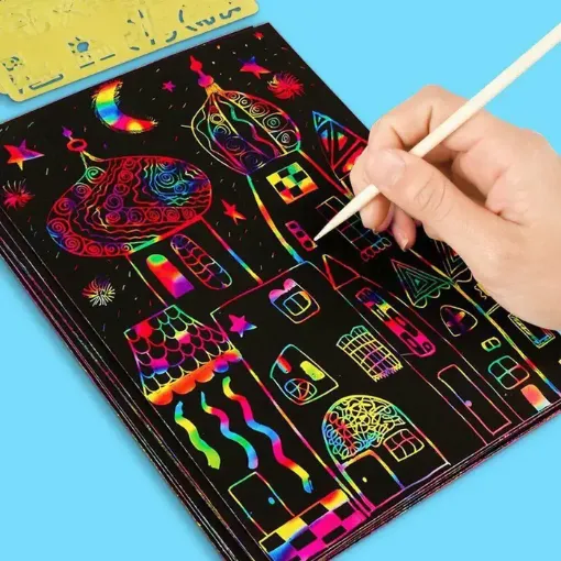 Imagen de Set de 10 cartulinas para esgrafiado de 19x25cms 16k Rainbow magic scratch multicolor con punzon 