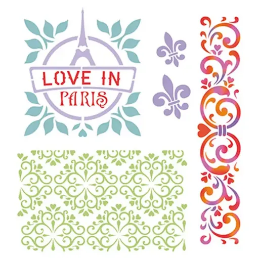 Imagen de Stencil marca LITOARTE de 25x25 cms. cod.STXXV-029 Paris sello y arabescos