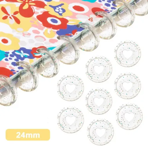 Imagen de Anillas discos de plastico corazon de 24mm para encuadernacion transparentes con glitter multicolor *12 unidades 