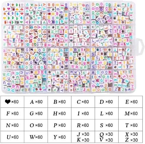 Imagen de Pack de 1440 cuentas de acrilico cubo blancas de 5*5mms. impresas abecedario letras de colores en caja organizadora