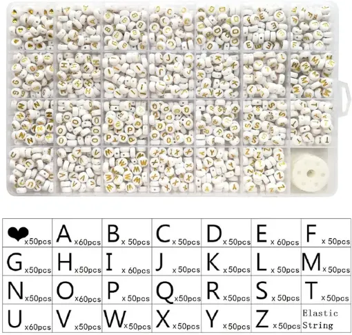 Imagen de Pack de 1400 cuentas de acrilico redondas blancas 4*7mms. impresas abecedario letras doradas en caja organizadora con rollo de tanza