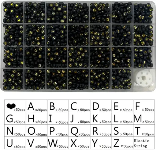 Imagen de Pack de 1400 cuentas de acrilico redondas negras 4*7mms. impresas abecedario letras doradas en caja organizadora con rollo de tanza