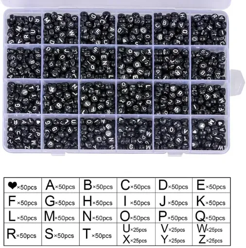 Imagen de Pack de 1200 cuentas de acrilico redondas negras 4*7mms. impresas abecedario letras blancas en caja organizadora con rollo de tanza 0.8mm.