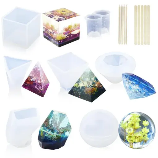 Imagen de Set de 6 moldes diferentes para resina jabones velas de silicona de formas geometricas LETS RESIN con accesorios 