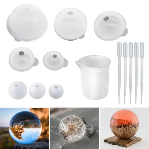 Imagen de Set de 8 moldes diferentes para resina de silicona para hacer esferas LETS RESIN con accesorios 