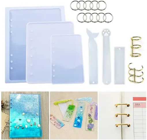 Imagen de Set de moldes de silicona para resina para hacer tapas de cuaderno A5 A6 y A7 LETS RESIN con accesorios