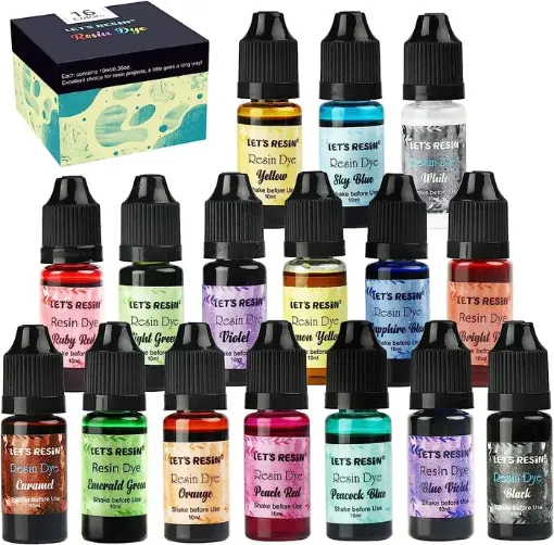 La Casa del Artesano-Pigmentos liquidos concentrados para resina Epoxi  Resin Dye *10ml. LETS RESIN kit de 16 colores translucidos