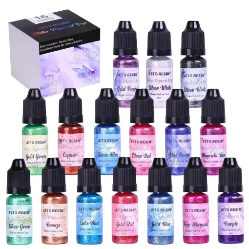 Imagen de Pigmentos liquidos brillantes glitter para resina Epoxi  *10ml. LETS RESIN kit de 16 colores Glitter
