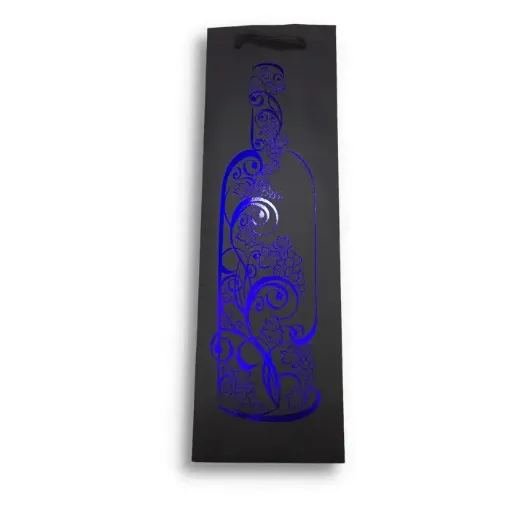 Imagen de Bolsa de papel para vino con brillo con cordon 12*38cms. modelo botella azul *unidad