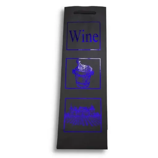Imagen de Bolsa de papel para vino con brillo con cordon 12*38cms. modelo Wine azul *unidad