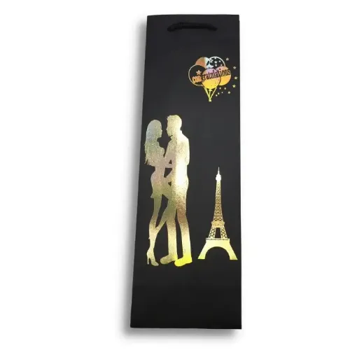 Imagen de Bolsa de papel para vino con brillo con cordon 12*38cms. modelo torre Eiffel oro *unidad