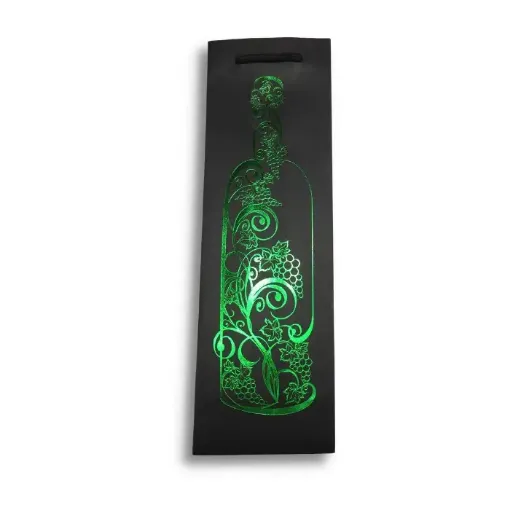 Imagen de Bolsa de papel para vino con brillo con cordon 12*38cms. modelo botella Green *unidad