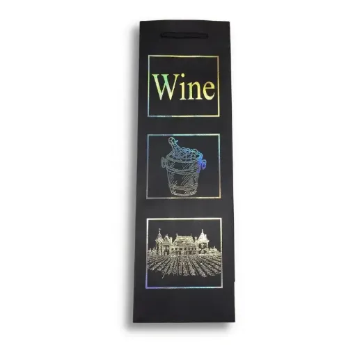Imagen de Bolsa de papel para vino con brillo con cordon 12*38cms. modelo Wine holografico *unidad