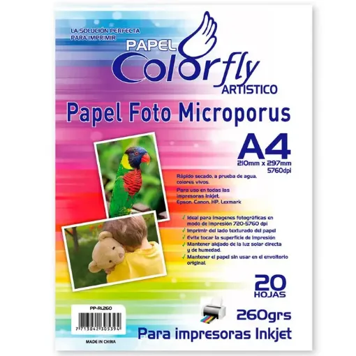 Imagen de Papel fotografico microporus texturado satinado "COLORFLY" A4 260grs. *20 unidades