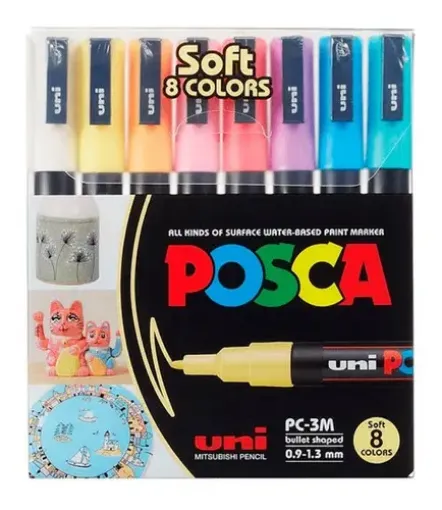 Imagen de Marcador de tinta pigmentada agua UNI POSCA trazo 1.8 a 2.5mms PC-5M set de 8 colores pasteles Soft