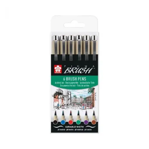 Imagen de Set de 6 Marcadores PIGMA SAKURA Brush punta pincel 6 colores basicos