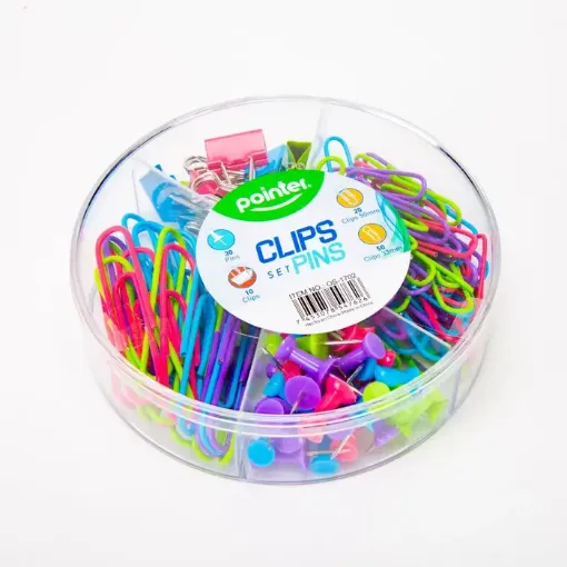 Imagen de Set de clips pins y manitos metalicas de colores POINTER estuche redondo con 110 piezas