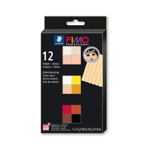 Imagen de Arcilla polimerica pasta de modelar FIMO Profesional 8073 DOLL ART set de 12 colores Basicos de 25grs