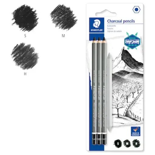 Imagen de Lapices de carbon carbonilla STAEDTLER Lumograph Charcoal pencil set de 3 graduaciones mas difuminador