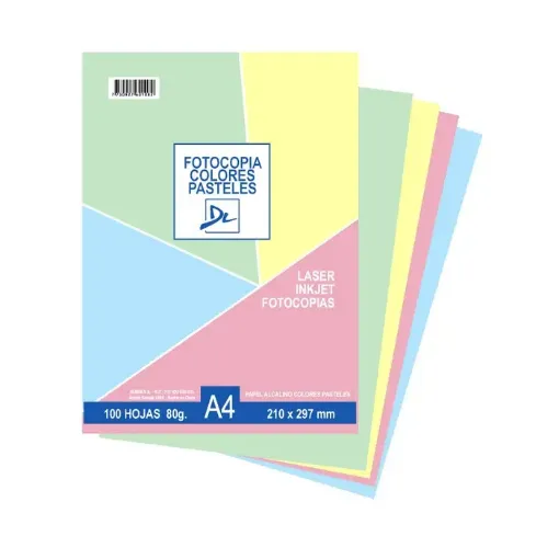 Imagen de Papel para fotocopia "DL" A4 colores pasteles paquete de 100 hojas de 4 colores surtidos
