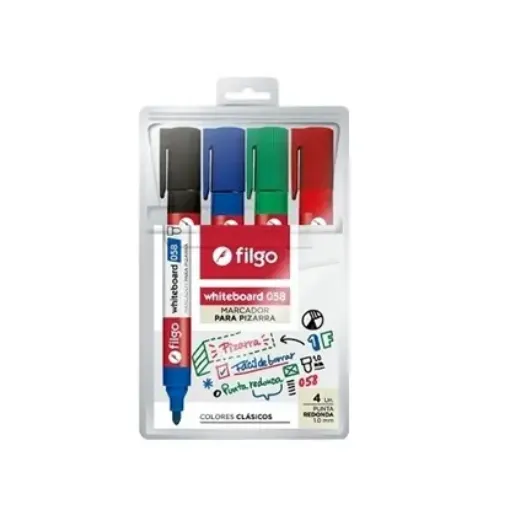 Imagen de Set de 4 marcadores para pizarra punta redonda gruesa FILGO 058 colores clasicos