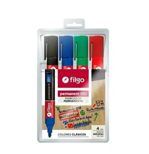 Imagen de Set de 4 marcadores permanentes punta redonda gruesa FILGO 051 colores clasicos