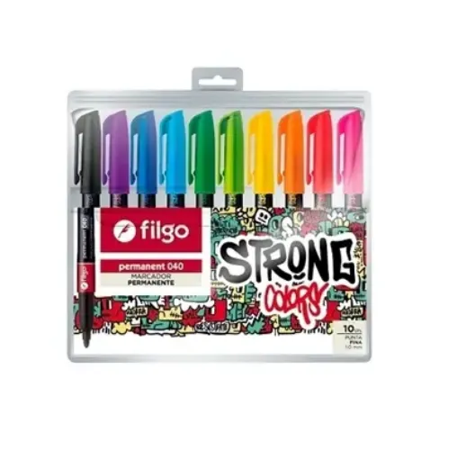 Imagen de Set de 10 marcadores FILGO permanentes 040 de punta fina de 1mm colores fuertes
