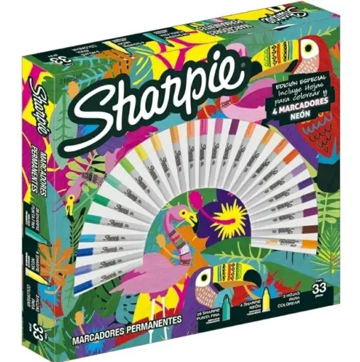 Imagen de Marcadores permanentes SHARPIE Ruleta Tropical set de 30 marcadores 26 pta. fina 4 neon y 3 hojas 
