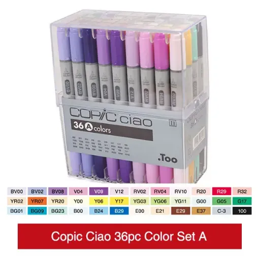 Imagen de Set de marcadores profesionales COPIC CIAO alcohol doble punta set de 36 colores verdes y violetas SET A