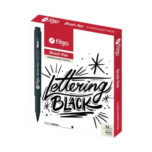 Imagen de Marcador punta pincel acuarelable Brush Pen Lettering FILGO trazo de 1 a 6mms. color Negro
