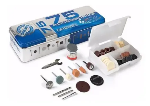 Imagen de Kit de 75 accesorios para mini torno DREMEL 707 en caja metalica para cortar, pulir, afilar, tallar,