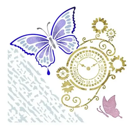 Imagen de Stencil marca LITOARTE de 20x20 cms. cod.STXX-009 Mariposa y reloj