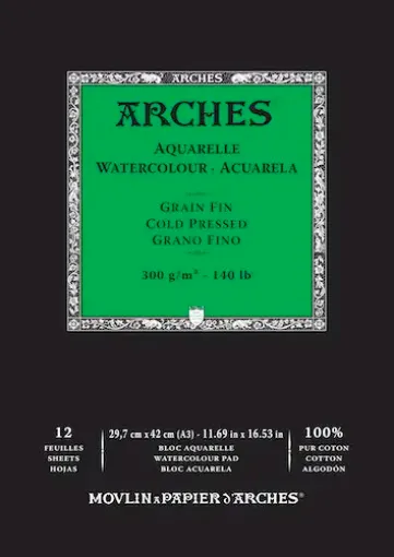 Imagen de Block para acuarela profesional ARCHES 100% algodon de grano fino 300gr 29.7*42cms. 12 hojas