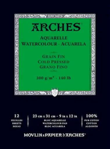 Imagen de Block para acuarela profesional ARCHES 100% algodon de grano fino 300gr 23*31cms x12 hojas