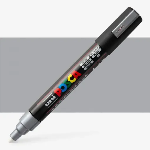 Imagen de Marcador de tinta pigmentada a base de agua UNI POSCA trazo medio 1.8 a 2.5mm. PC-5M color PLATA