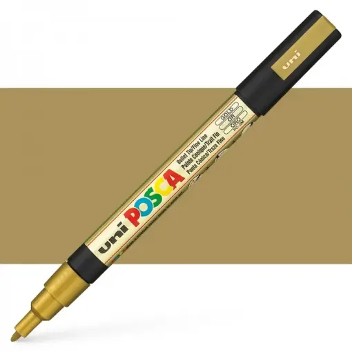 Imagen de Marcador de tinta pigmentada a base de agua UNI POSCA trazo fino 0.9 a 1.3mms PC-3M color DORADO ORO