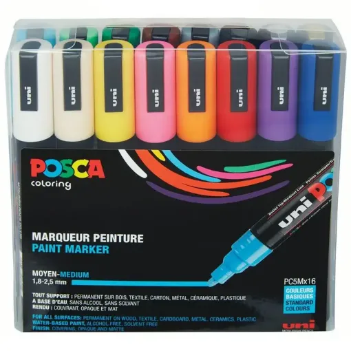 Imagen de Marcador de tinta pigmentada agua UNI POSCA trazo medio de 1.8 a 2.5mm. PC-5M set de 16 Colores