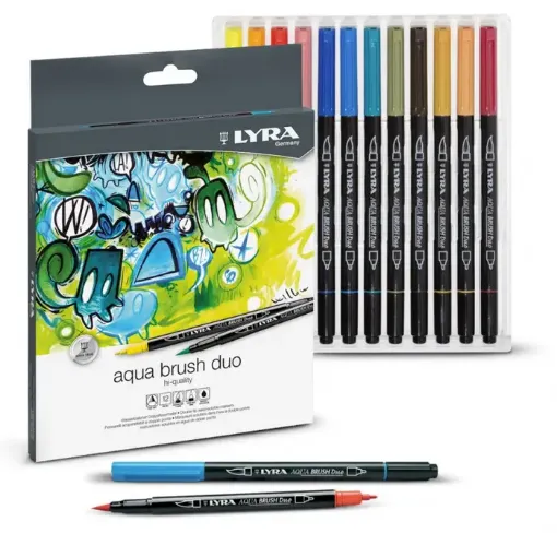 Imagen de Marcadores punta pincel doble punta lettering "LYRA" Aqua Brush Duo Set de 12 colores