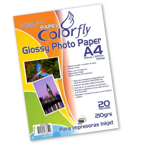 Imagen de Papel fotografico brillante "COLORFLY" de 210grs medida A4 por 20 hojas