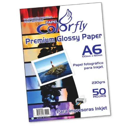 Imagen de Papel fotografico Glossy Premium  "COLORFLY" A6 10*15cms.  230grs. *50 hojas