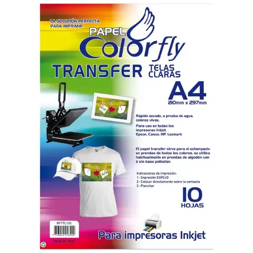 Imagen de Papel transfer para transferencia sobre Telas Claras "COLORFLY" medida A4 por 10 unidades