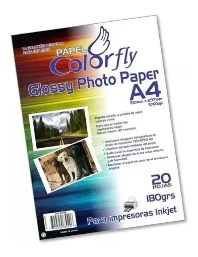 Imagen de Papel fotografico Glossy brillante "COLORFLY" de 180grs medida A4 por 20