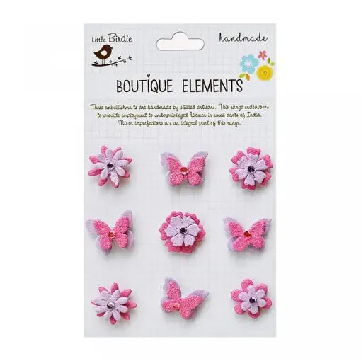 Imagen de Apliques Little Birdie Sticker adhesivo con glitter Flores y mariposas *9 piezas