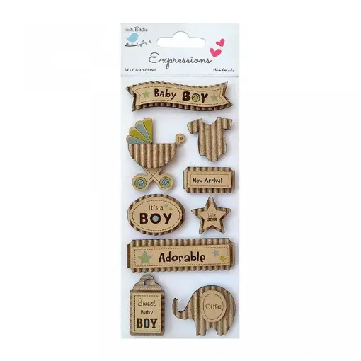 Imagen de Apliques "Little Birdie" Etiquetas adhesivas "New Arrival Boy" de carton corrugado kraft *9 piezas