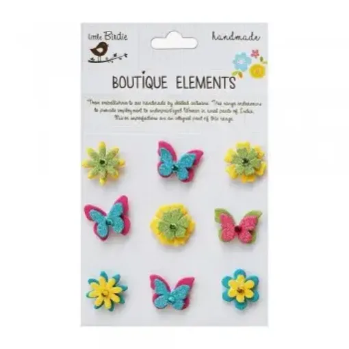 Imagen de Apliques Little Birdie adhesivos mini 2cms. 3D flores y mariposas con glitter *9 piezas