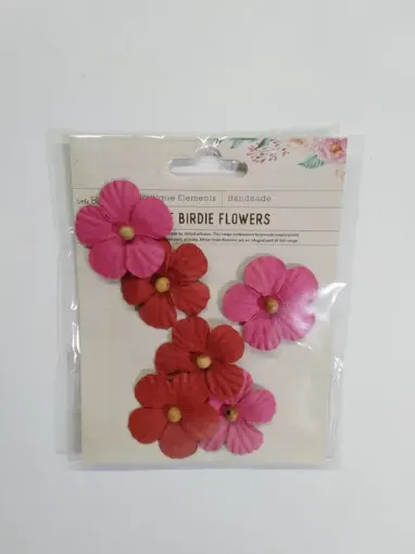 Imagen de Apliques Little Birdie flores 5 petalos 4cms.  rosadas y rojas con centro coco *6 unidades