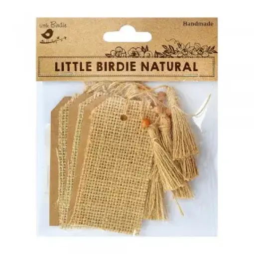 Imagen de Etiquetas de arpillera de 8*4cms. "Little Birdie" Tassel con cordon *6 unidades